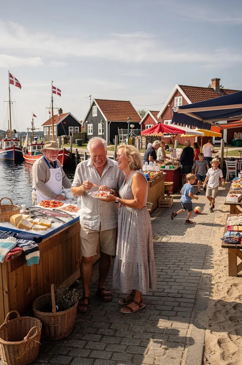 Familier nyder roligt strandliv ved kysten med blidt bølgeskvulp og blåt himmellys.
